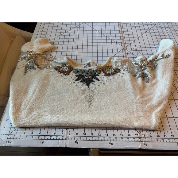 Vintage Beaded Sequin SILK ANGORA Cream Ivory Gold Black Silver Sweater Sz Large - Picture 8 of 11